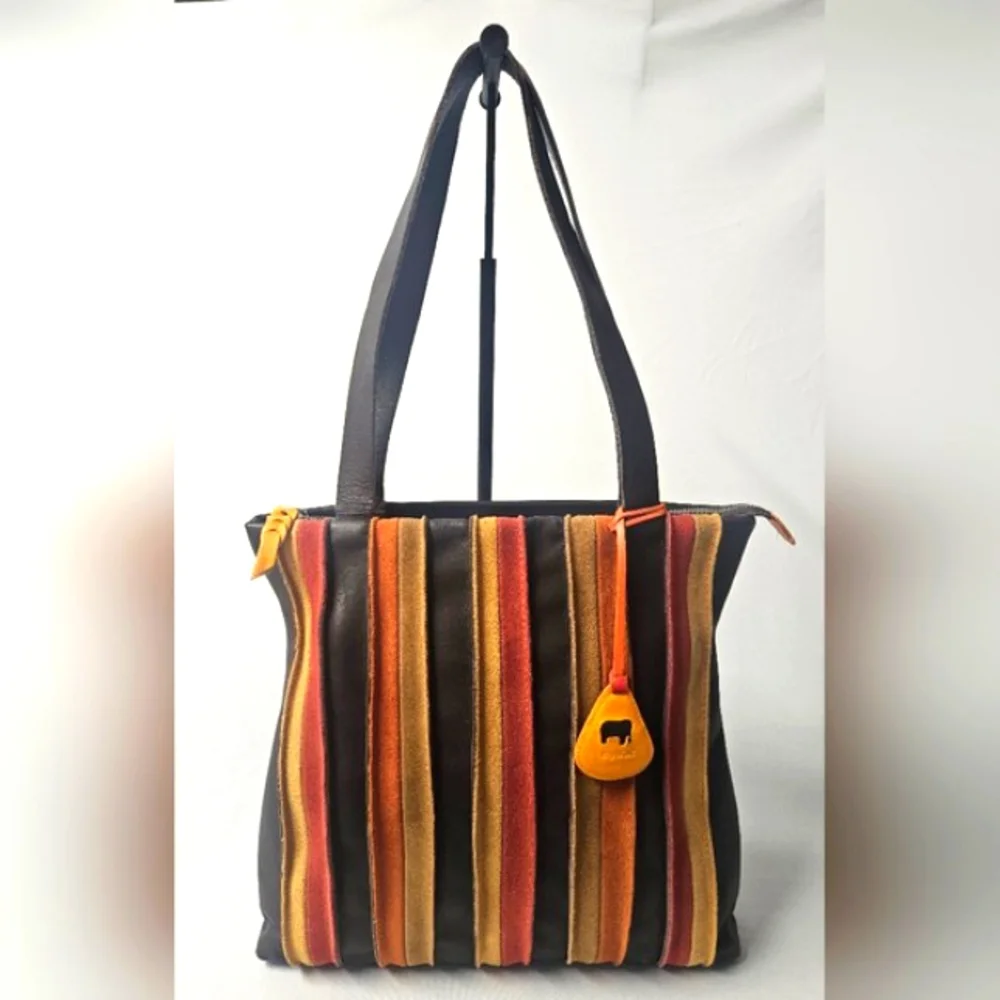 Mywalit Laguna Stripe Brown Leather & Suede Large Tote Shoulder Bag. NWT. - Picture 2 of 6